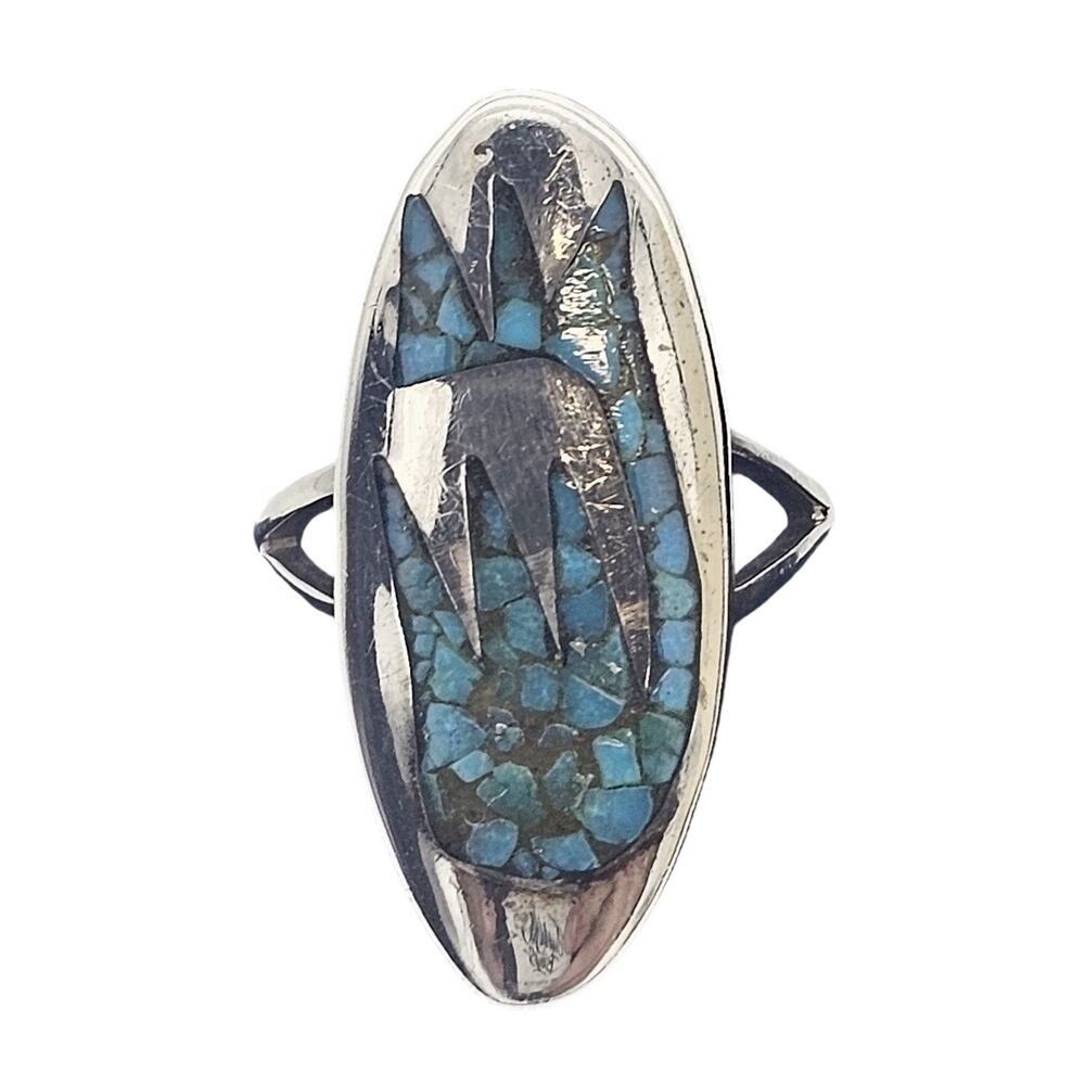 Vtg Sterling Silver GT Native American Navajo Chip Inlaid Turquoise Ring Size 8